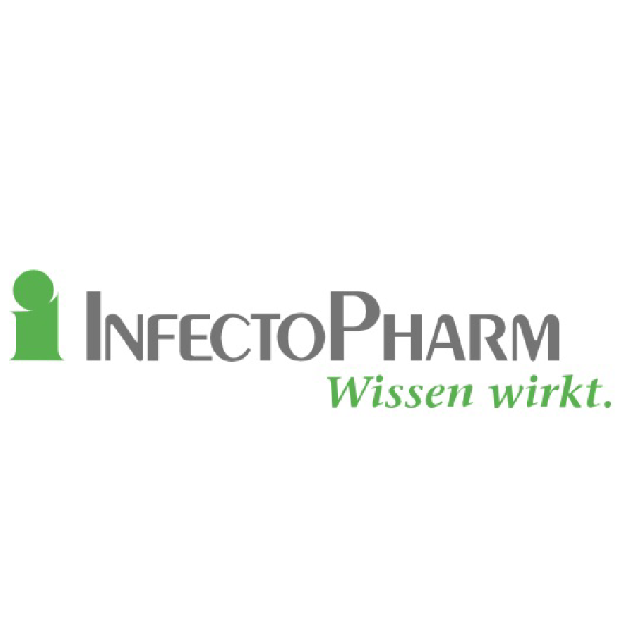 Logo von InfectoPharm in hellgrün und grau, einem Kunden von rfw. kommunikation in Darmstadt.