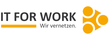 Logo von IT FOR WORK mit schwarzer Schrift und orangefarbenen Dekoelementen, einem Kunden von rfw. kommunikation in Darmstadt.
