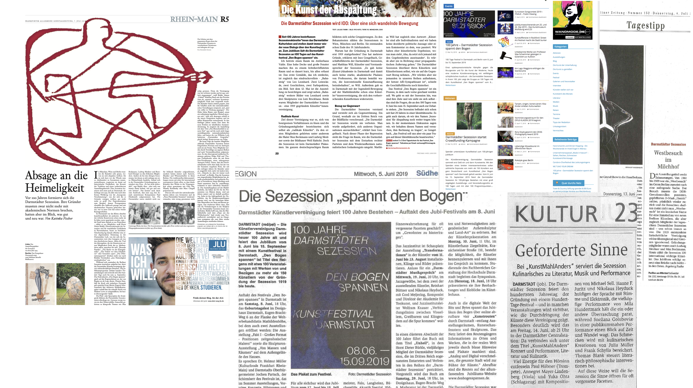 Ansichten von Zeitungsartikeln über die Darmstädter Sezession. Die Künstlervereinigung war 2019 Kunde der PR-Agentur rfw. kommunikation in Darmstadt.