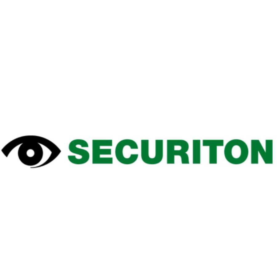 Logo mit schwarzem Auge und grünem Schriftzug Securiton, einem Kunden von rfw. kommunikation in Darmstadt.