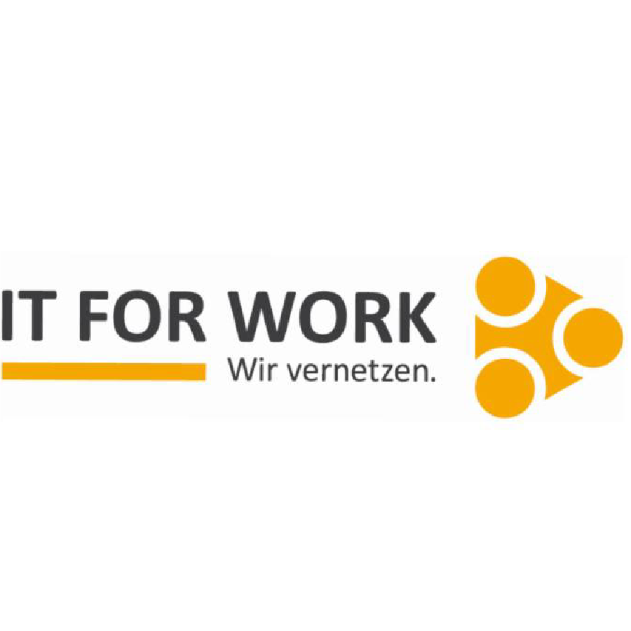 Logo von IT FOR WORK mit schwarzer Schrift und orangefarbenen Dekoelementen, einem Kunden von rfw. kommunikation in Darmstadt.